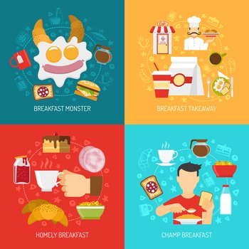 Breakfast concept icons set with champ and takeaway breakfast symbols flat isolated vector illustration . Breakfast Concept Icons Set 