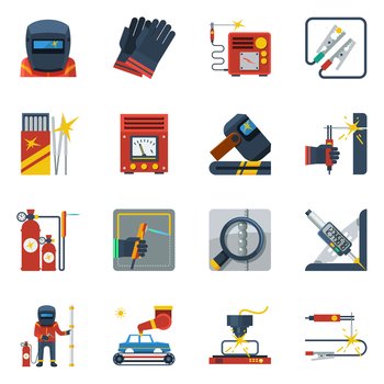 Welding flat color icons set of gas cylinders rubber gloves helmet gas burner isolated vector illustration . Welding Flat Color Icons 