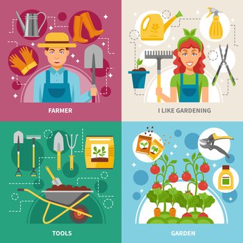Farmers gardening tools plants and accessories concept 4 flat icons square composition banner abstract isolated vector illustration. Gardening Concept 4 icons Square Banner