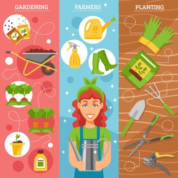 Season gardening 3 flat horizontal vertical set banners set with farmer wife holding watering pot abstract vector illustration. Farmers Gardening 3 Flat Banners Set