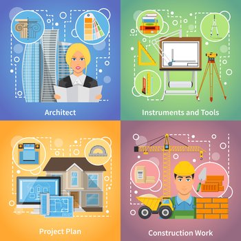 Architect 2x2 design concept set of project plan drafting tools and construction work icons compositions flat vector illustration . Architect 2x2 Design Concept
