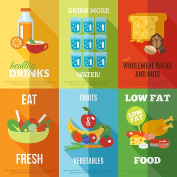 Healthy eating mini poster set with water drinks wholemeal bread and nuts isolated vector illustration