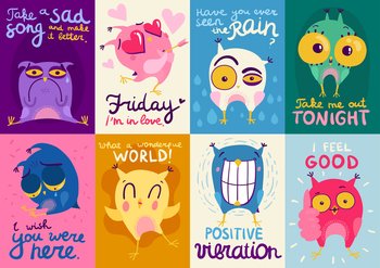Colorful flat design cards set with cute owls showing different emotions isolated vector illustration. Owl Emotion Flat Cards 
