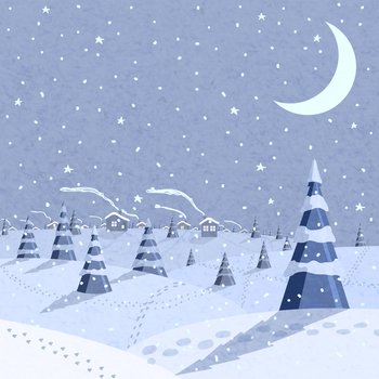 Winter landscape scene with falling snow at night vector illustration