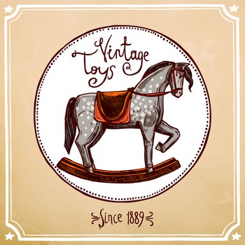 Hand drawn vintage style rocking horse toy label vector illustration. Vintage Rocking Horse