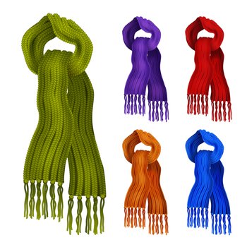 Woolen knitted scarfs in different colors decorative icons set isolated vector illustration . Knitted scarf color set