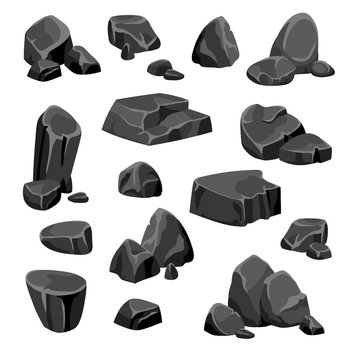 Black rocks and stones fragments of granite or nature mineral in cartoon style isolated vector illustration  . Black Rocks And Stones