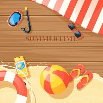 Beach equipment with sand and summer time symbols flat vector illustration . Beach Equipment Illustration 