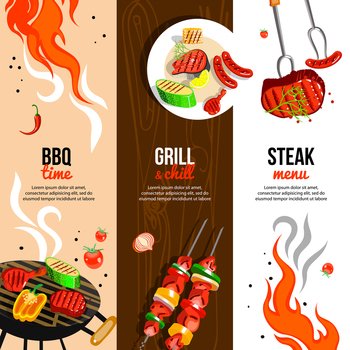 Barbecue party 3 flat vertical banners set with grilled steak sausages and vegetables abstract isolated vector illustration . Barbecue Party 3 Vertical Banners Set 