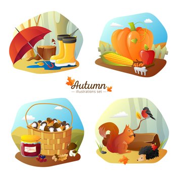 Autumn season 4 icons square poster with countryside harvest and forest hiking accessories cartoon isolated vector illustration . Autumn 4 Icons Square  Set