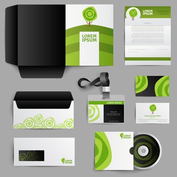 Corporate identity eco design of envelope postcard invitation badge with green tree icons isolated vector illustration. Corporate Identity Eco Design With Green Tree