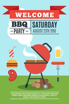 BBQ poster with grill and cooked food flat vector illustration. BBQ poster illustration