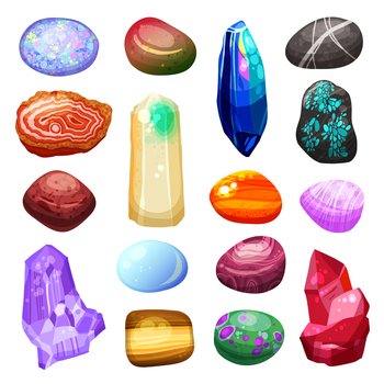 Bright multicolored crystal stones and rocks of different size and shape with various textures on white background cartoon isolated vector illustration. Crystal Stone Rocks Icons Set