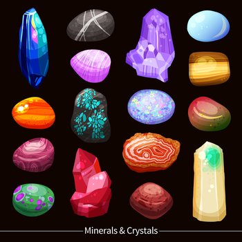 Shiny colorful minerals crystals stones and rocks of different size and shape with various textures set on black background cartoon isolated vector illustration. Crystals Stones And Rocks Set Background