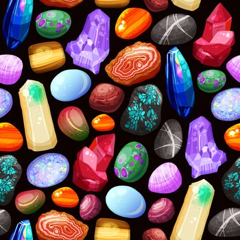 Seamless pattern with shiny crystals stones and rocks of various shape size and color on black background cartoon vector illustration. Crystals Stones Rocks Seamless Pattern