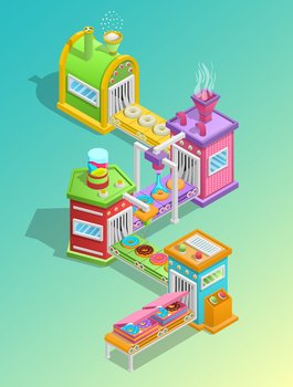 Confectionery factory cartoon concept with donuts and sweets production symbols vector illustration. Confectionery Factory Concept