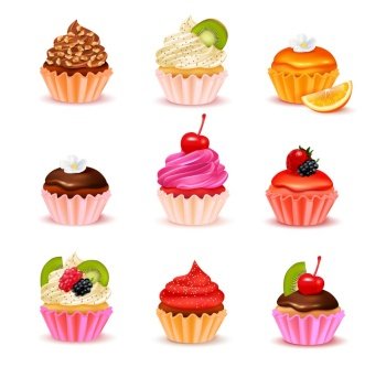 Bright realistic cupcakes with various fillings assortment set isolated on white background vector illustration. Cupcakes Assortment Set