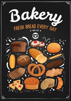 Bakery products including wheat and rye bread, cookies, croissants and design elements on black chalkboard vector illustration . Bakery Chalkboard Illustration