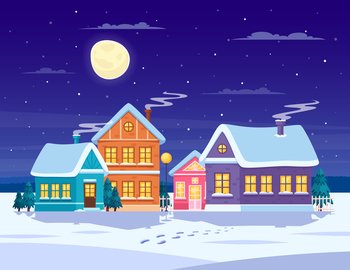 Winter landscape composition with snow and town at night flat vector illustration. Winter Landscape Composition