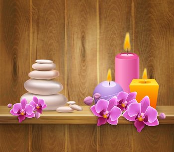 8 march realistic background with colorful candles flowers and spa stones on wooden shelf vector illustration. 8 March Realistic Background