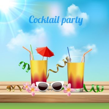 Summer vacation cocktail party celebration realistic composition with 2 glasses orchids flowers sun glasses invitation vector illustration . Cocktail Party Celebration 