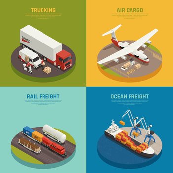 Cargo transportation including ocean and rail freight air delivery trucking isometric design concept isolated vector illustration. Cargo Transportation Isometric Design Concept