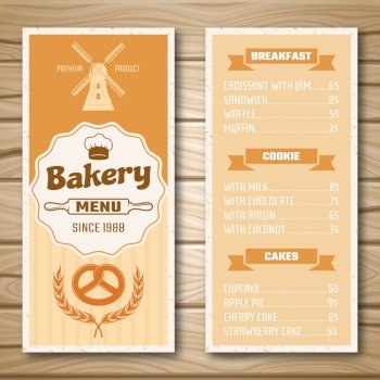 Bakery shop menu with mill at cover and product price list on wooden background isolated vector illustration. Bakery Shop Menu