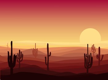 Beautiful desert landscape template with cactuses and sand dunes at sunset vector illustration. Beautiful Desert Landscape Template