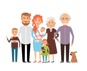 Big happy family. Father mother son daughter grandfather grandmother. Vector illustration. Big happy family