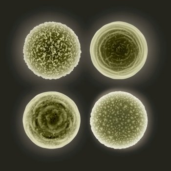 Vector set of abstract dirty green cocci bacteria isolated on dark background. Set of cocci bacteria