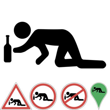 Icon a drunk man crawling on his knees for a bottle of alcohol, prohibition sign, a pointer, permits, warning signs, Vector illustration for print or website design.. Icon a drunk man