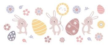 Easter set. Happy cute easter bunnies, sun, easter eggs and decorative flowers. Vector illustration. Isolated elements For Easter decoration and design, decor, print