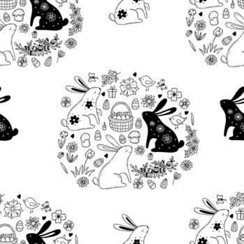 Seamless Easter pattern. Cute Easter bunnies, Easter basket with eggs and flowers, birds and Easter cakes on white background. Vector illustration. Outline drawn doodle style for design and decor 