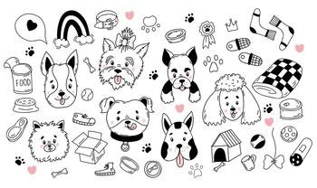 Big collection of pets. Cute dog characters of different breeds, toys and paw prints, booth, food and feed. Vector illustration. Isolated linear hand drawn doodles for design and decor
