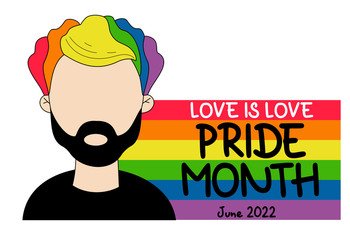 LGBT Pride Month. love is love. Gay man with beard and rainbow hair and flag LGBT flag in rainbow colors. LGBTQ Symbol. Vector illustration. Gay parade groovy celebration. Human rights and tolerance