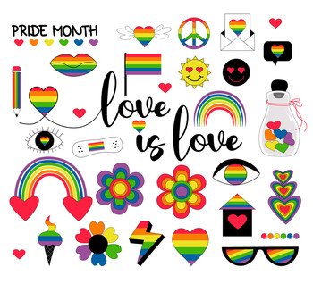 LGBT Pride Month collection. LGBTQ community symbols with pride flags, retro rainbow elements, heart, glasses and reconciliation symbol. Gay Pride Month, groovy celebration. LGBT vector icons