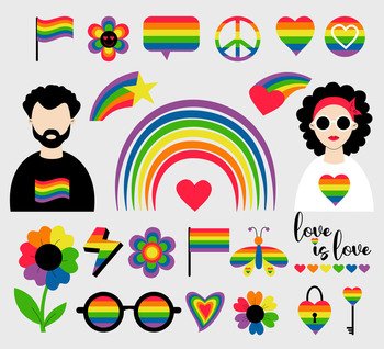LGBT Pride Month collection. LGBTQ community vector symbols, light skinned lesbian girl and gay man, pride flag, retro rainbow and love elements, heart. Gay Pride Month, groovy celebration. LGBT icons