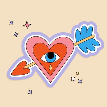 70s style retro poster. Psychedelic drawing of heart with arrow. Retro groovy graphic element. Cartoon funky sticker. Vector illustration. Nostalgia for 1970s -1980s