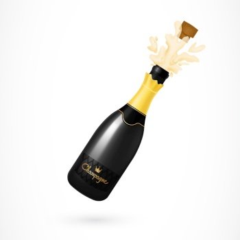Illustration of champagne bottle with cork opening. New Year, party, victory. Celebration concept. Design element for greeting cards, banners, posters, leaflets and brochures. . Champagne Bottle Explosion Illustration