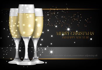 Merry Christmas with champagne glasses poster design. Inscription with champagne glasses with sparkles on black background. Can be used for posters, banners, greetings. Merry Christmas with champagne glasses poster design