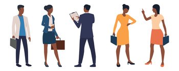 Set of male and female business executives with briefcases. Cartoon characters dressed in smart clothing. Vector illustration can be used for presentation, promo video, commercial. Set of male and female business executives with briefcases
