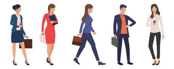 Set of young successful business executives. Business people with briefcases standing or walking. Vector illustration for presentation, career related project, advertisement. Set of young successful business executives