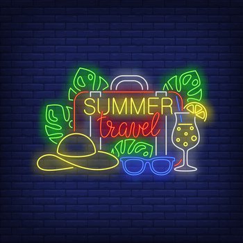 Summer Travel neon lettering, suitcase, hat, cocktail. Tourism, vacation and travel design. Night bright neon sign, colorful billboard, light banner. Vector illustration in neon style.