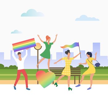 People holding lgbt flags in pride parade. Diversity, discrimination, freedom concept. Vector illustration can be used for topics like tolerance, homophobia, social rights. People holding lgbt flags in pride parade