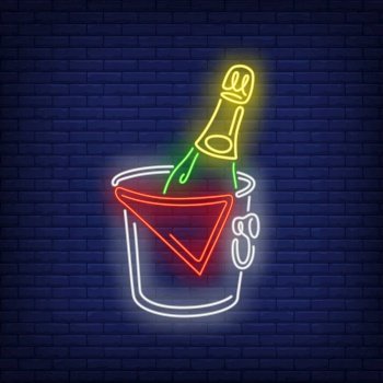 Champagne bottle in bucket neon sign. Restaurant, party, alcoholic drink design. Night bright neon sign, colorful billboard, light banner. Vector illustration in neon style.