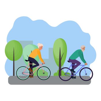 Vector illustration with an elderly man and woman riding bicycles in a park outside the city. Active lifestyle for old people. Cheerful elderly couple.