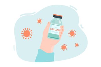 Vaccine bottle in hands flat vector illustration. Coronavirus or flu vaccine. Germs in background. Vaccination, medicine, virus, health, immunization, epidemic concept