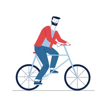Bearded man riding bike. Male character travel by bicycle flat vector illustration. Eco transport, outdoor activity, cycling concept for banner, website design or landing web page