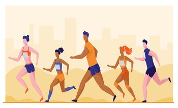 Group of sportsmen running marathon. People in sportswear jogging together flat vector illustration. Sport activities, competition concept for banner, website design or landing web page