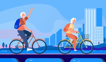Senior couple riding bikes. Old man and woman cycling on city flat vector illustration. Active lifestyle, leisure, activity concept for banner, website design or landing web page